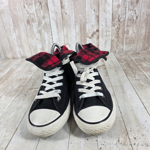 Converse All Star Roll Down‎ Top High Top Sneakers Black Red Plaid Size 6 - Picture 4 of 8